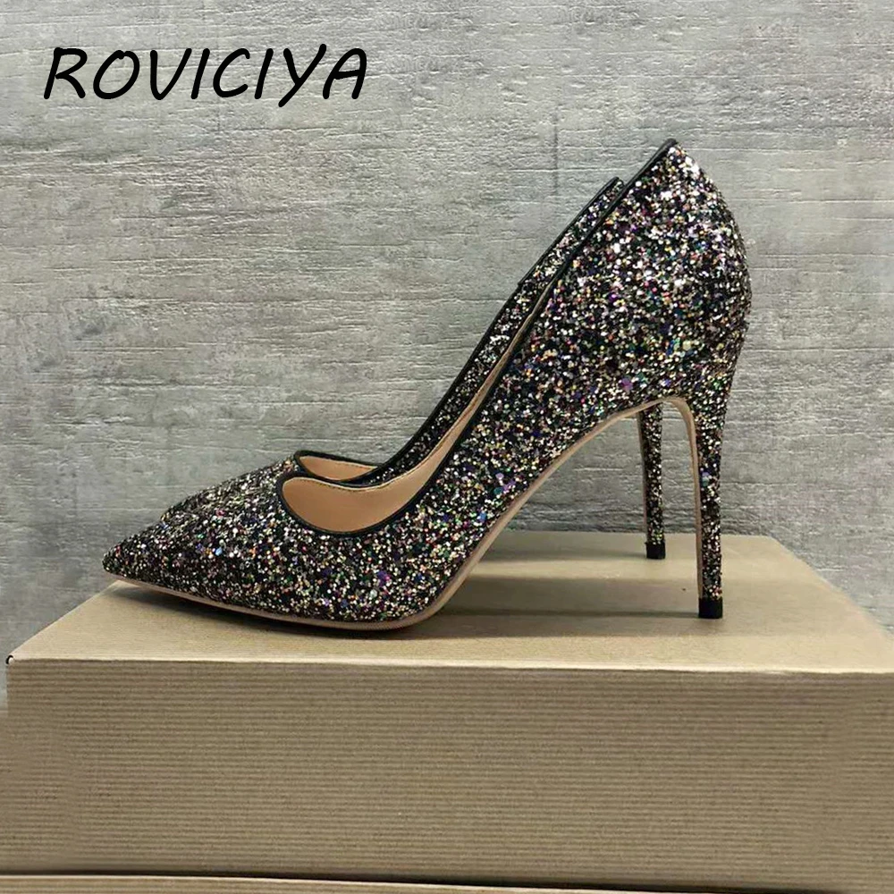 

Black Glitter wedding shoes 12 cm high heel pumps sexy stiletto heels shallow party shoes for women 34-45 LF005 ROVICIYA