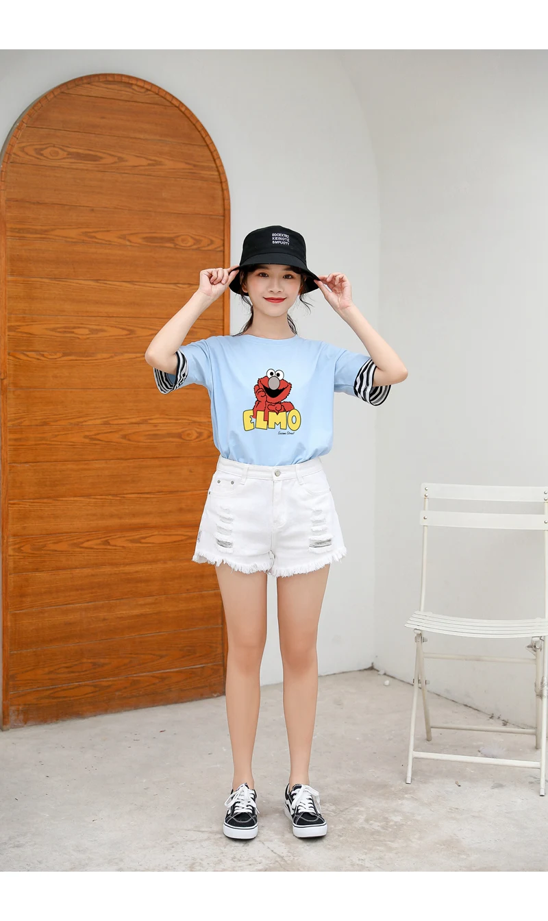 New Cotton Harajuku Kawaii T Shirt Lovely Funny Sesame Street Elmo Cartoon Print Strpied Spliced Tops Tee Shirt Femme Streetwear (12)