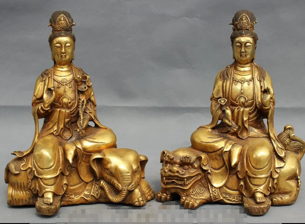

11" Chinese Folk Bronze Gilt WenShu PuXian Kwan-Yin Ride Lion Elephant Statue
