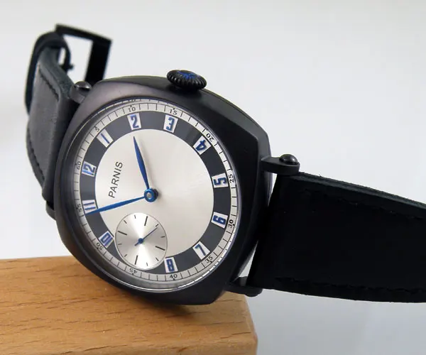 

44mm Parnis white dial Leather strap SS Black PVD Coated Blue Hands 17 jewels 6497 Movement Hand Wind Mechanical Men's Watches