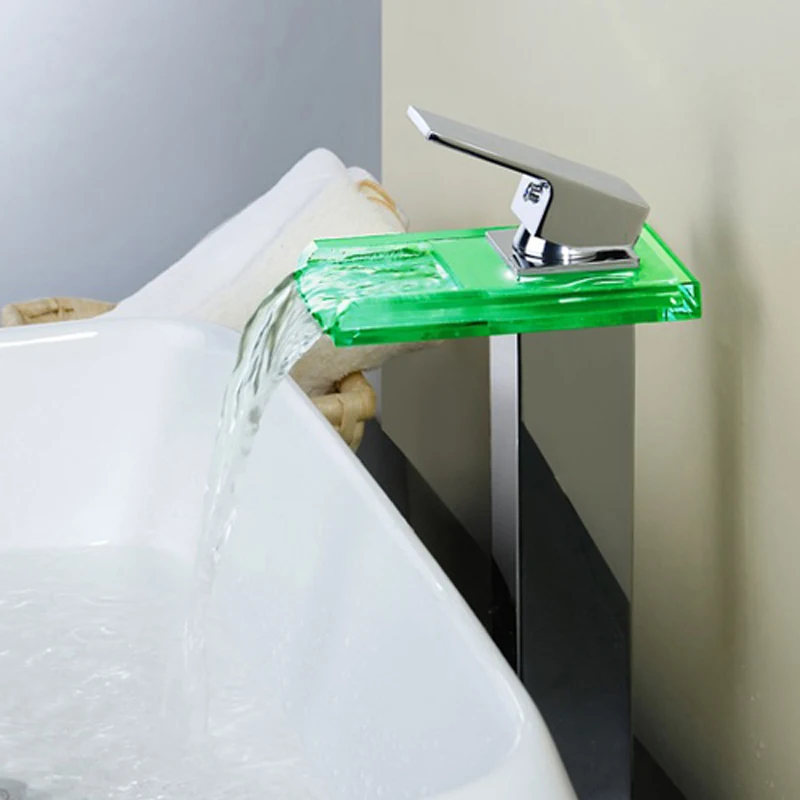 Стеклянный кран для раковины, СВЕТОДИОДНЫЙ цветной водопроводный кран, Хромированный Светодиодный Однорычажный кран для ванной комнаты, светодиодный светильник для воды, кран LH-8059-2