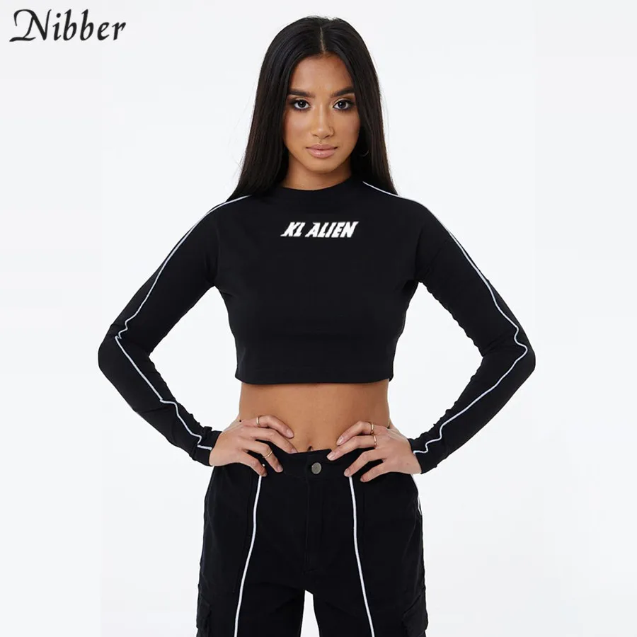 

Nibber autumn full sleeve Reflective strip crop tops women black Basic Casual tee shirt ladies cotton bodycon Active wear mujer