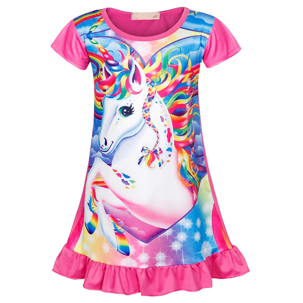 

AmzBarley Girls Cartoon Unicorn Nightgown Toddler Girls Cotton Printing nightgowns Short Sleeves sleepwear kids summer home wear