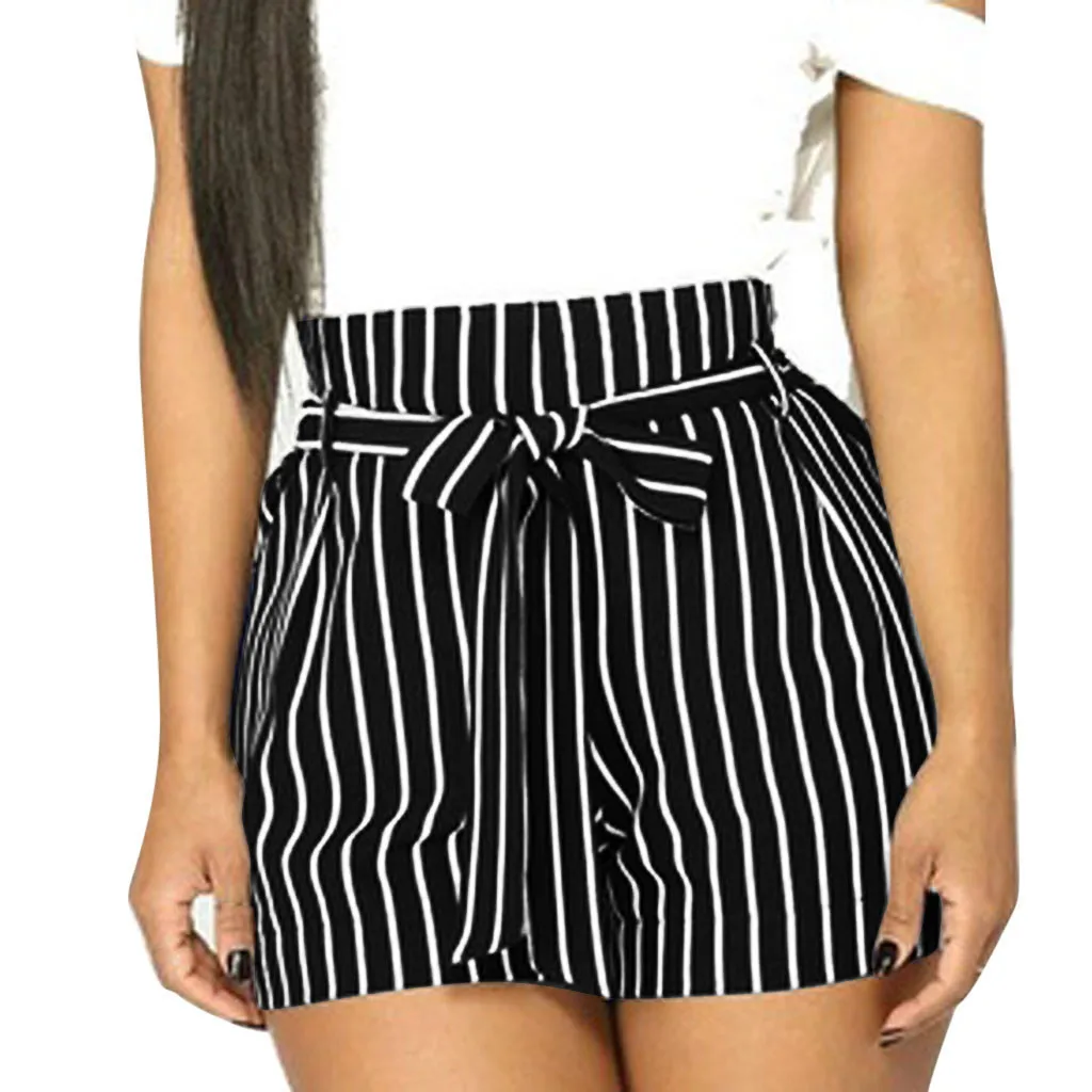 

New HOT Short Women Stripe Printing Pocket High Waist Bandage Easy Elastic Casual Short Pants short feminino spodenki damskie