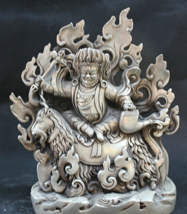 

002372 9" Tibet Tibetan Buddhism Silver Protector Deity Buddha ride Sheep Goat Statue