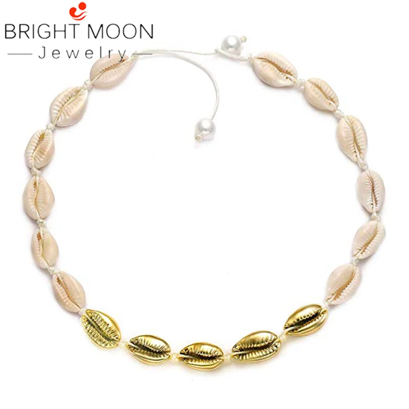 

BRIGHT MOON Boho Natural Gold Shell Choker Necklace Adjustable Cowrie Seashell Handmade Rope Cord Beach Jewelry for Summer