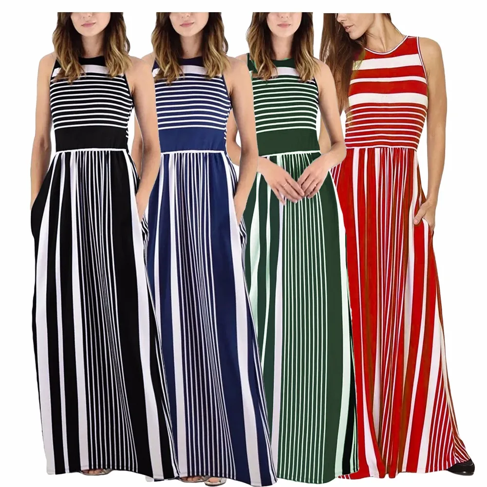 

Gladiolus New Women Striped Dress Floor- Length Summer Beach Dress Bohemian Style Long Dress Sleeveless Crew Neck Party Dress