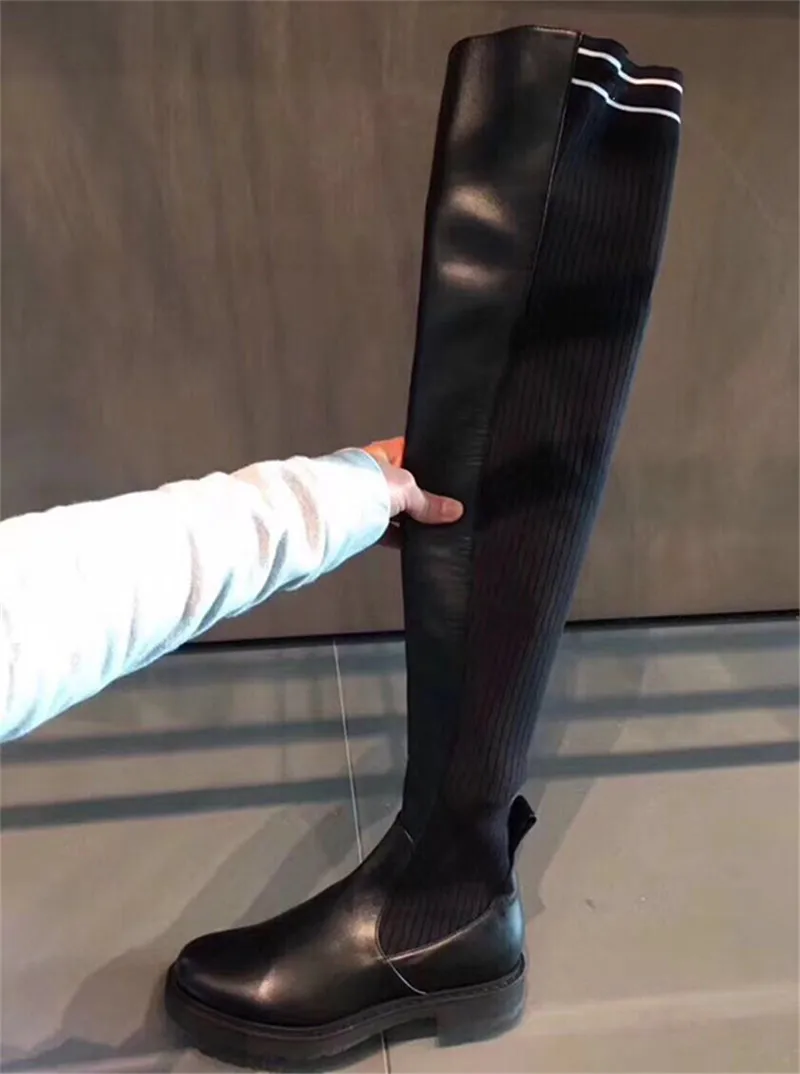 

Chaussures femme black leather knee thigh high long boots slim stretch low heel overknee slip on botines round toe shoes woman