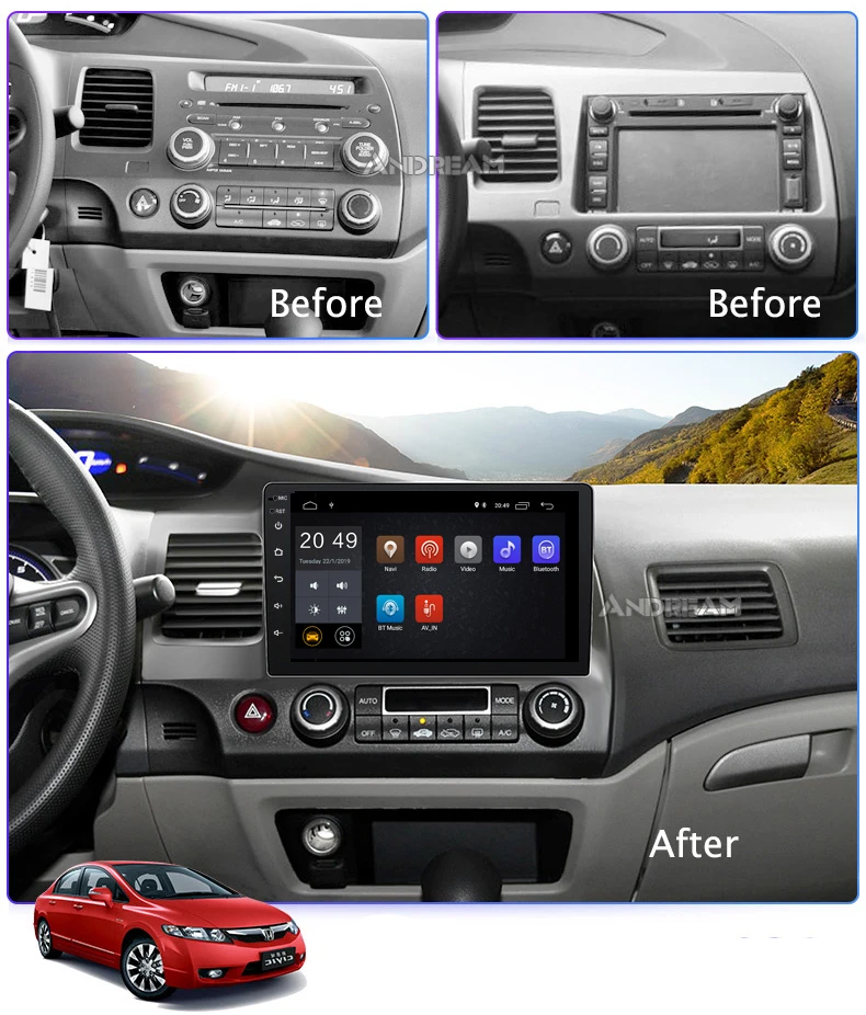 Top 10.1 Inch Android 8.1 2G+16G Car GPS Navigation Head Unit Multimedia for Honda Civic 2004-2011 Stereo Bluetooth Radio 1