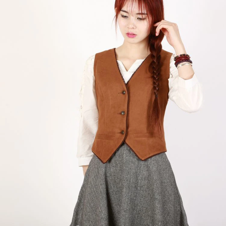 

Autumn winter retro lace decoration Slim suede vest women's sleeveless vest New OL fashion women Suit vest short style