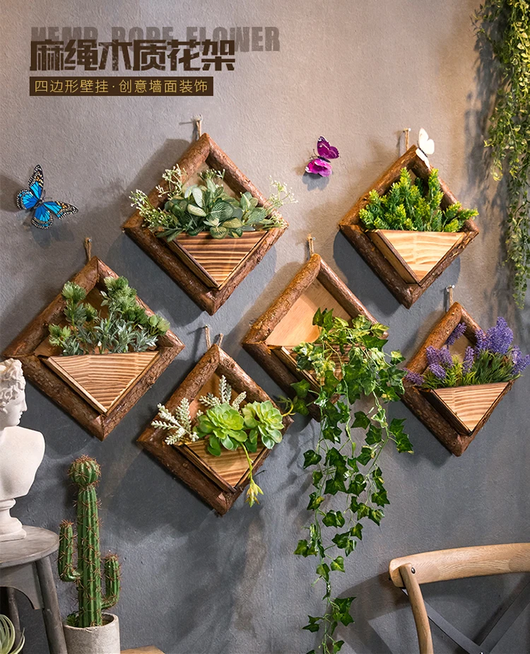 Creative Wall Hanging Wooden Flowerpots With Hemp Rope