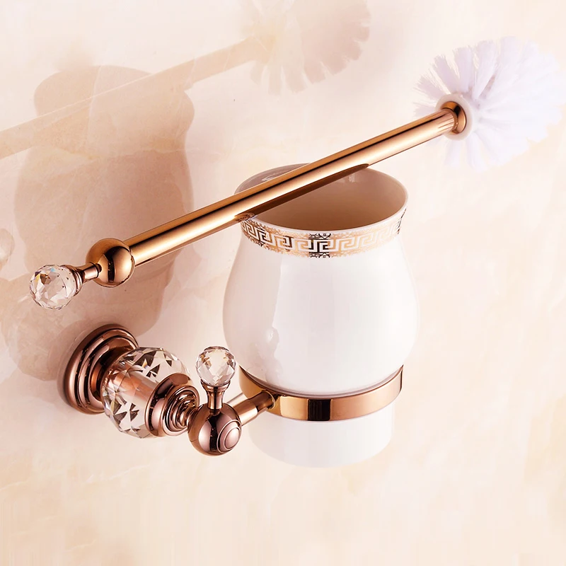 Free Shipping European Style Rose Gold Solid Brass Crystal Toilet Brush