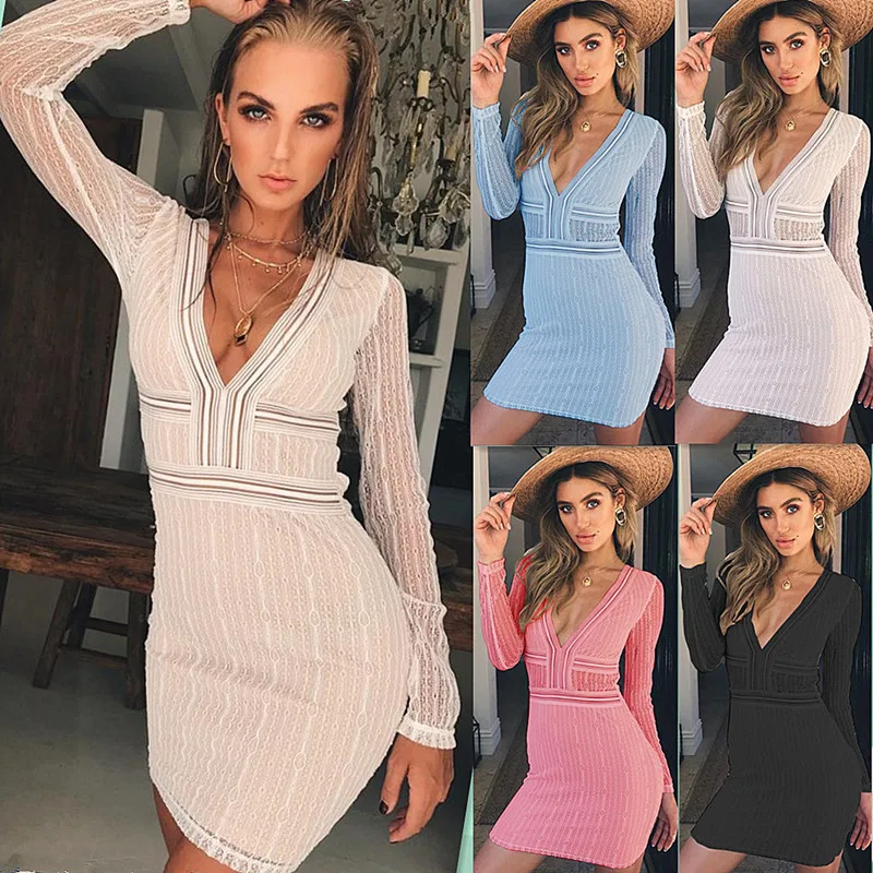 

2018 autumn sexy patchwork lace dress 4 colors bandage v-neck women dress elegant hollow out lace dress