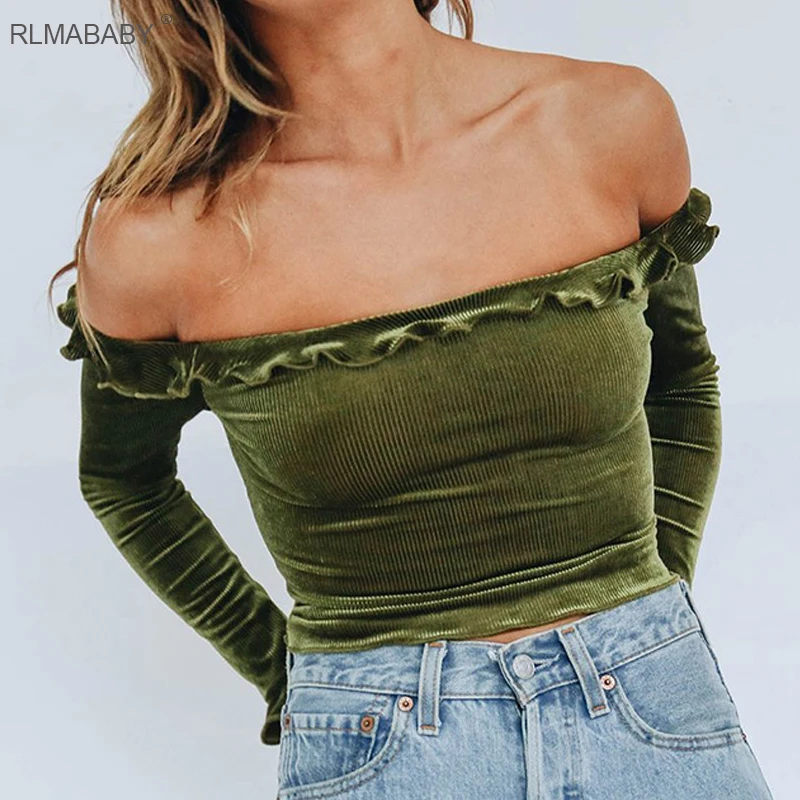 

2018 Autumn Winter Off Shoulder Long Sleeve Crop Top Ruffles Slash Neck Tee Shirt Casual Flare Sleeve Cropped Sexy Women Top