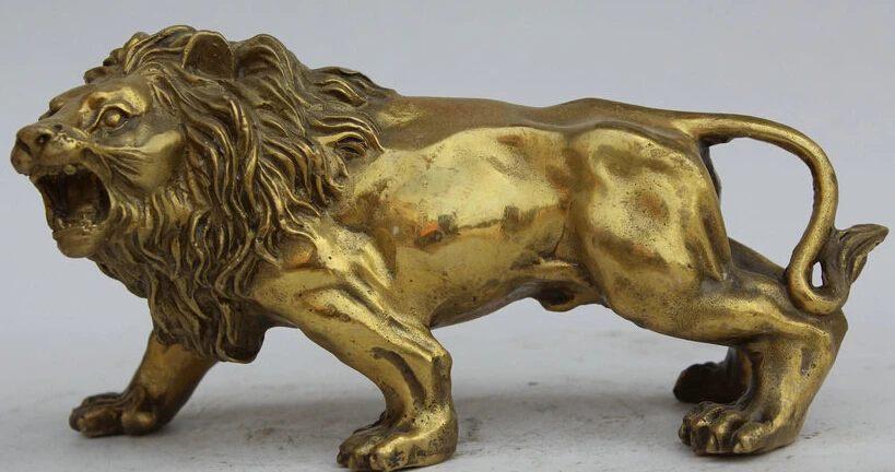 

6" Chinese FengShui Folk Brass Ferocious Roar Strong Lion Animal Statue S0705 B0403