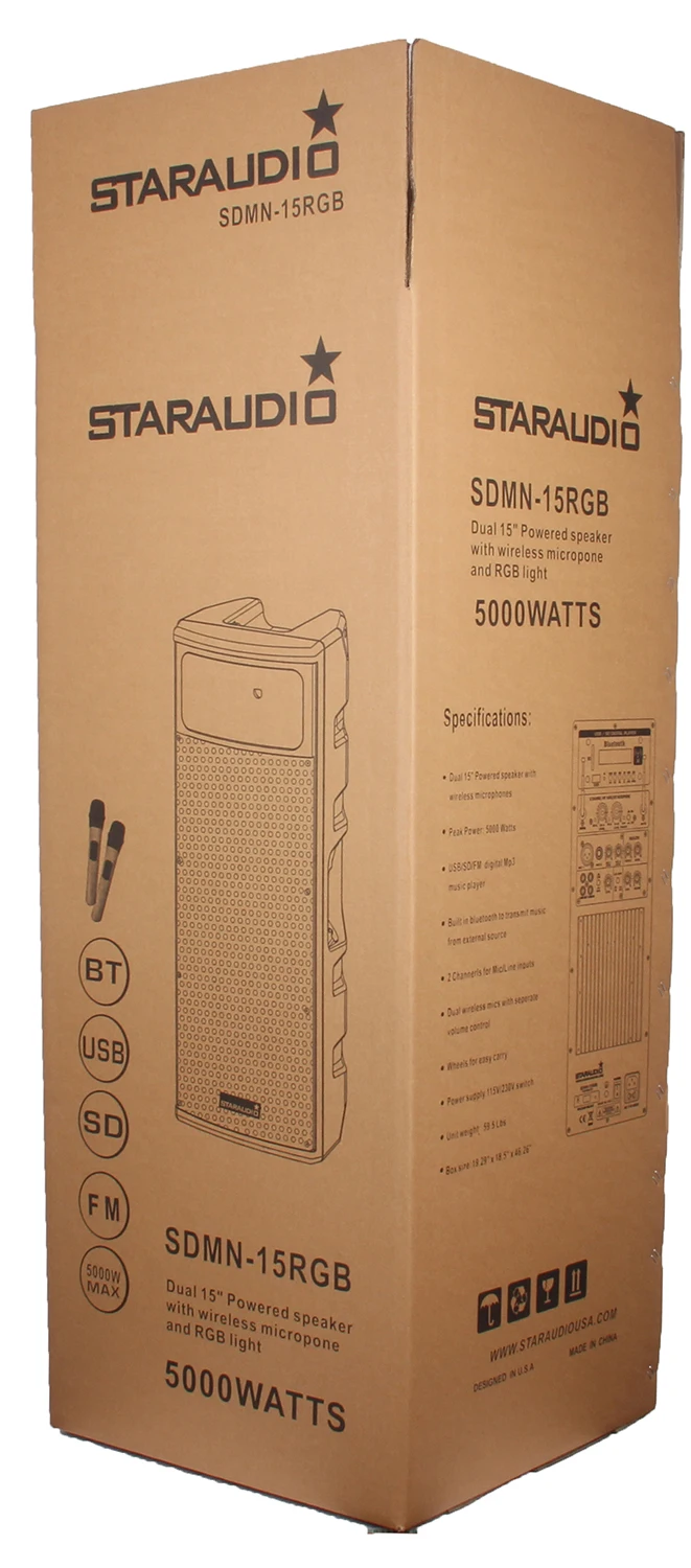 package of dual pro 5000W dual 15 powered pa stage speaker usb sd bluetooth led light 2ch vhf wireless microphone system