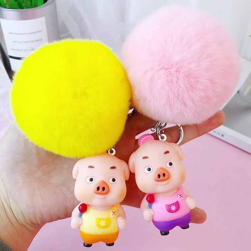 

Cartoon PVC Animal Pig Keychain Rex Rabbit Fur Pom Pom Key Chain Ring Swine Llavero Pompon Keyring Charm Bag Pendant