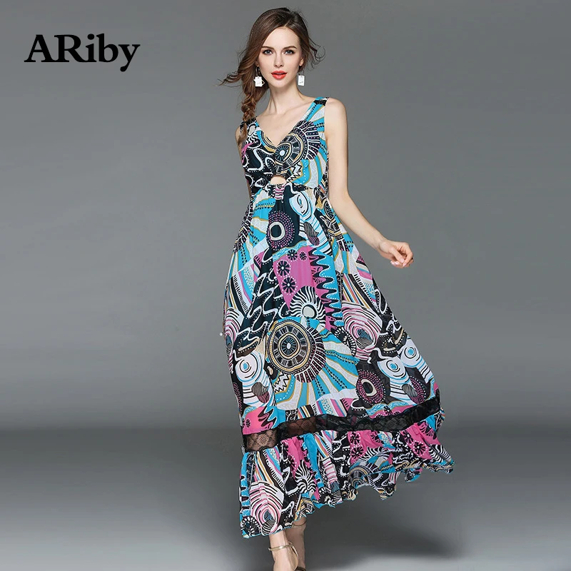 Women Dress Summer Maxi Long Dress ARiby New Lady Fashion Bohemian V-Collar Hollow Out Lace Sleeveless Printed A-Line Dresses