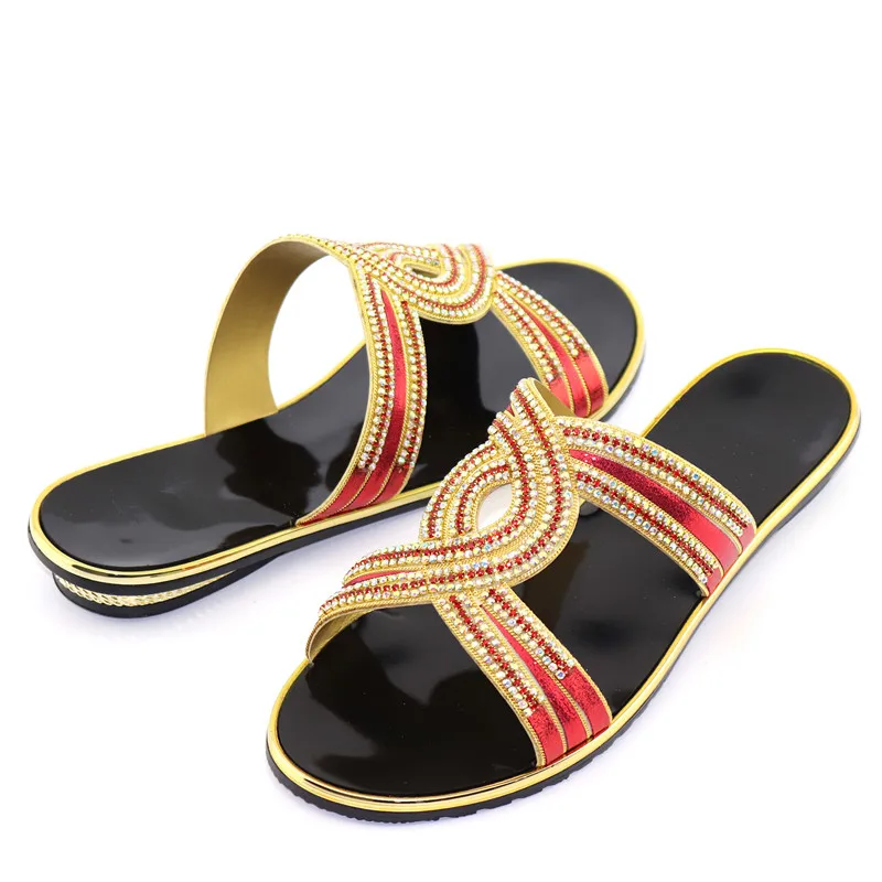 

Pretty red African lady's leisure lower heel slipper shoes with rhinestones 0085-1, size 37-43