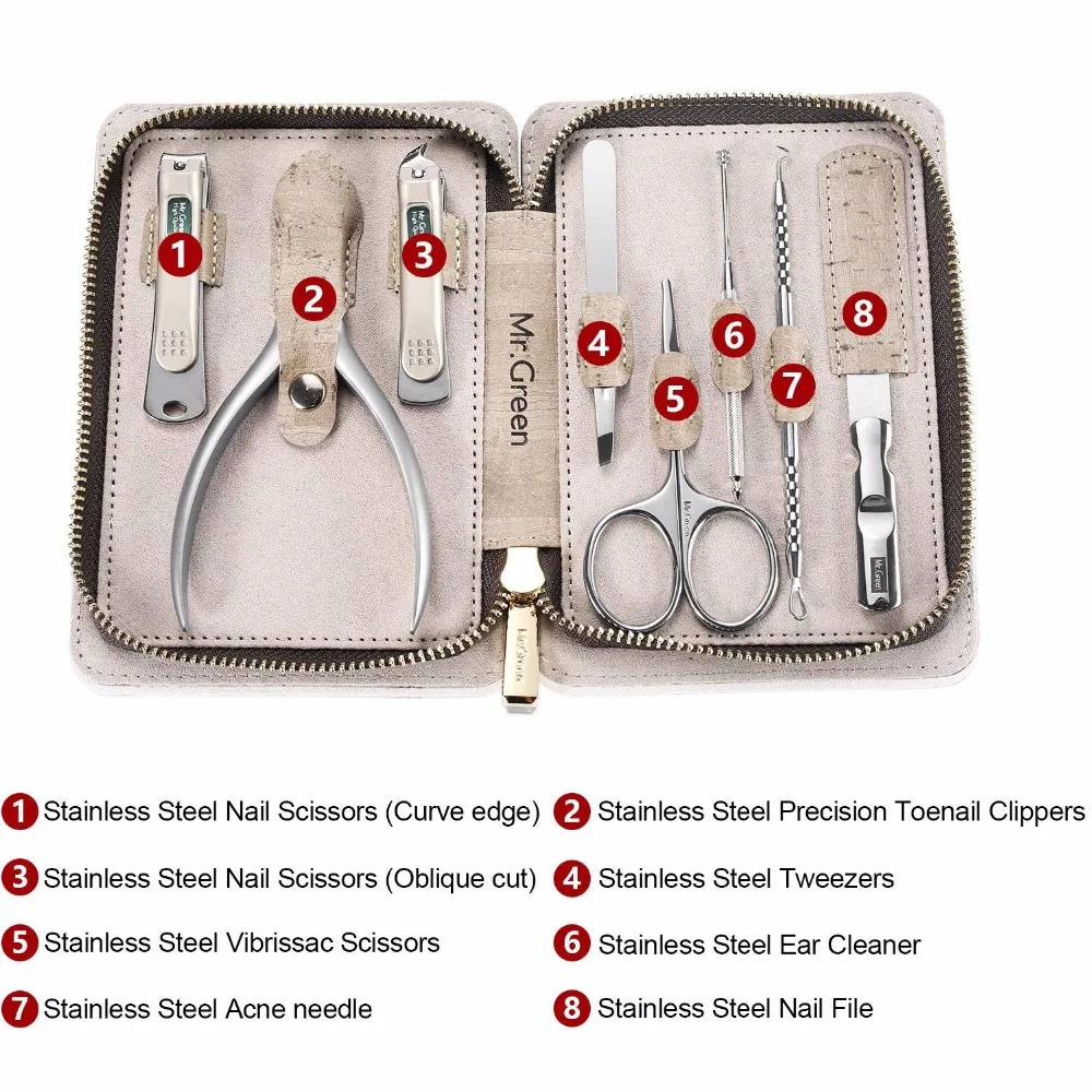 MR. GREEN педикюрный набор, машинка для стрижки ногтей, подарочный набор, семейный набор для ногтей, нержавеющая сталь, профессиональные кусачки для маникюра, кожаный чехол(8 шт