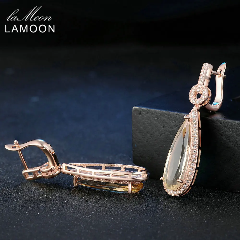 Lamoon Luxury Gemstone Natural Citrine 925 Sterling Silver Drop Earrings S925 Fine Jewelry Rose Gold Plated For Women LMEI024