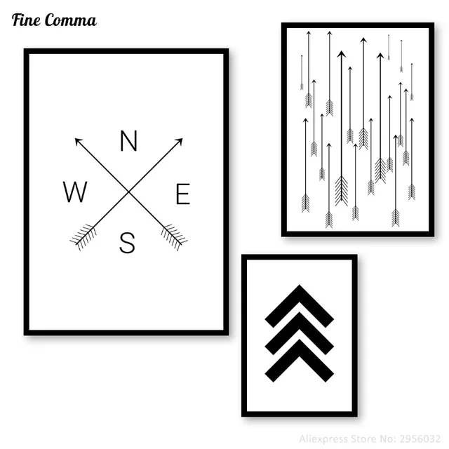black white compass arrow east north south west scandinavian art