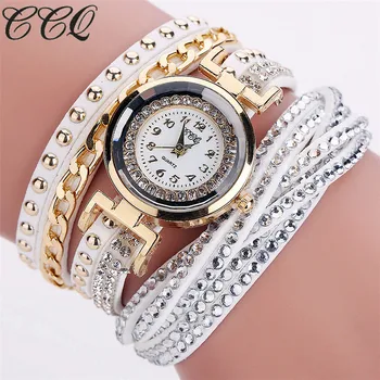 

CCQ Brand Fashion Casual Women Watch Full Crytsal Watch Braided Leather Bracelet Quartz Watch Relogio Feminino Gift C83