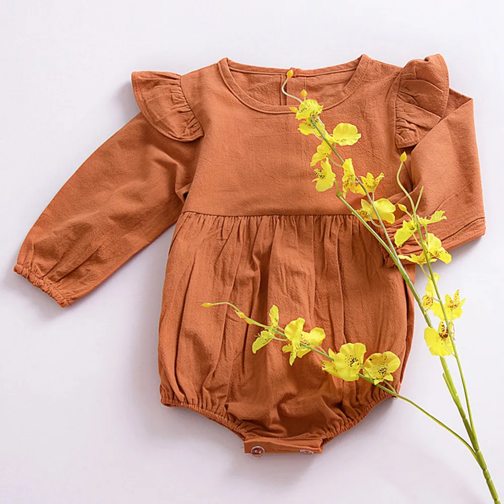 Newborn Baby Kids Girls Clothes Infant Long Sleeve Solid Linen Romper Jumpsuit Outfits Toddler Girl Romper Ribbed Baby Clothes