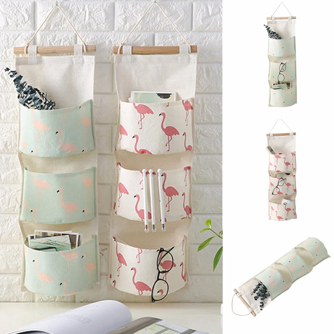 JX-LCLYL Linen 3 Layer Flamingo Storage Bag Wardrobe Hanging Bag Wall Toys Pouch Organize