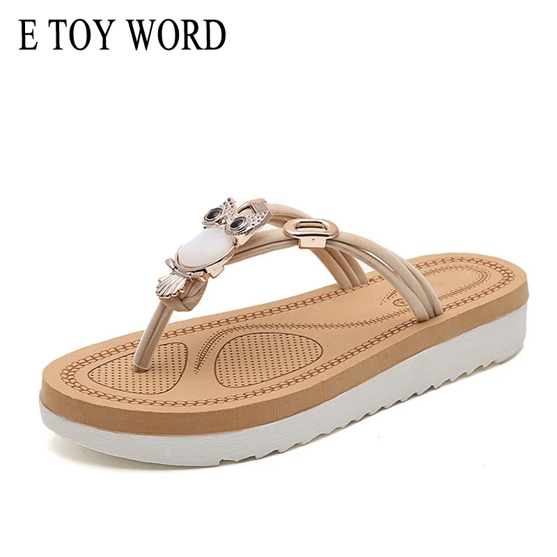 E TOY WORD 2018 Brand Thick Bottom Owl Flip Flops shales for Women beach clip toe flip-flops Rhinestone Woman Summer Sandals flip a word crab cab