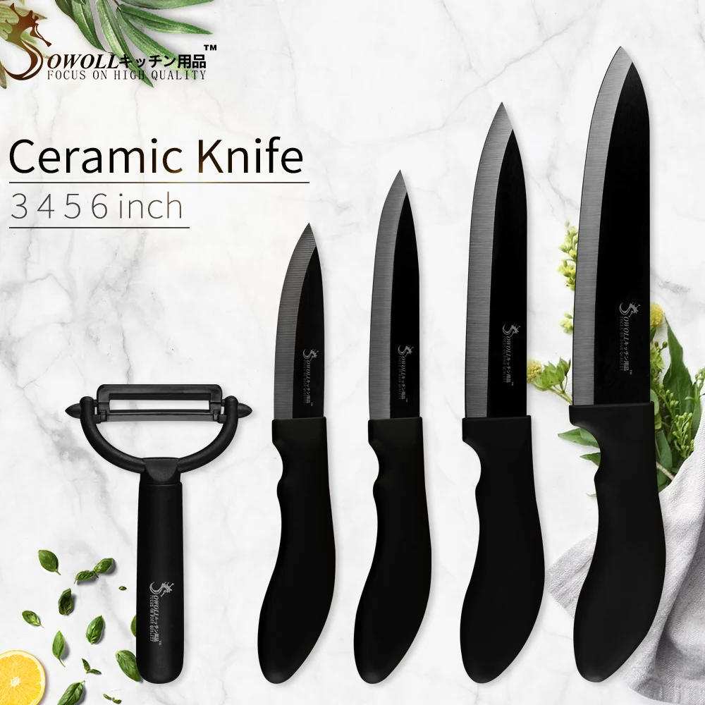

Sowoll Kitchen Knives Set Ceramic Knife Peeler Paring Utility Slicing Chef Knife Black Blade Black Handle Kitchen Cooking Tools