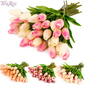 

FENGRISE 10PCS PU Tulips Flower Fake Flower Bouquet Bridal Bouquet Decorative Artificial Flower For Wedding Home Decoration