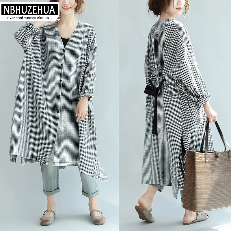 

NBHUZEHUA A402 Autumn Dress Women Plus Size Casual Plaid Female V Neck Shirt Long Sleeve Dresses Cotton Large Sizes Clothes 5XL