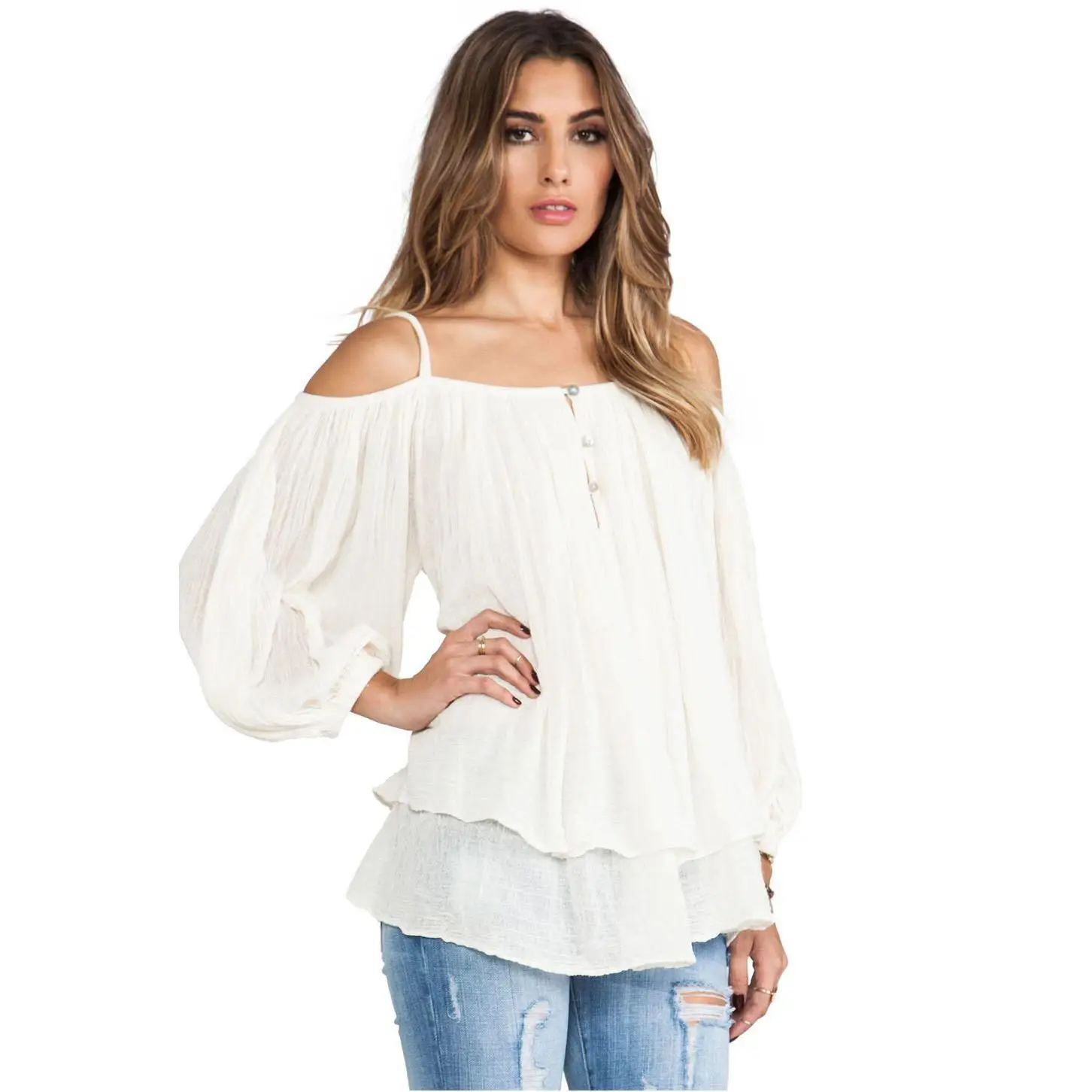Womens White Long Sleeve Off Shoulder Shirt Loose Casual Casual Summer ...