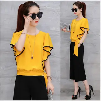 

2017 Spring Summer Women Chiffon Lotus leaf Sleeve Shirt Wide Leg Pants Sets Lady Two Pieces Trousers Suits Disfraces Mujer HJ62