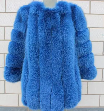 Зимнее теплое пальто из натурального Лисьего меха, женское роскошное пальто с натуральным мехом лисы, длинное пальто с карманами 180628-1 - Цвет: Синий