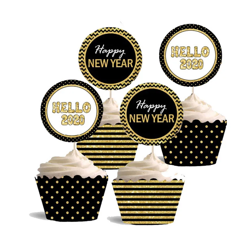 

24Pcs Happy New Year Cake Toppers Cupcake Wrappers Hello 2020 Party Cake Decoration Baby Shower Party Supplies
