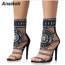 Aneikeh/летние босоножки на высоком каблуке с открытым носком, стразы; женские сандалии-гладиаторы со стразами и ремешком на щиколотке; Цвет Черный; размеры 41-42