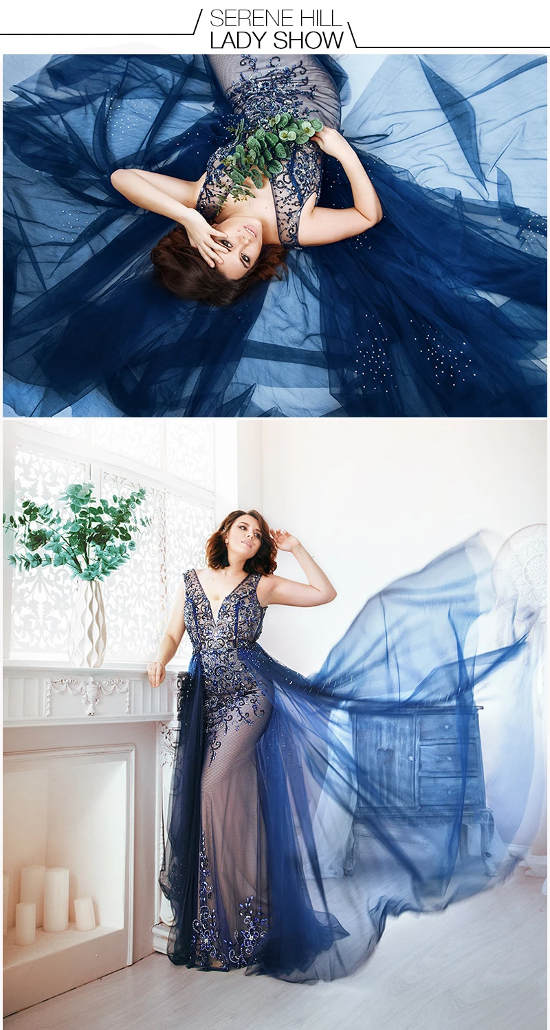 Твердое Бисероплетение темно-синего цвета со шлейфом вечернее платье с длинным алмазным кристаллом Тюль Формальное вечернее платье Serene Хилл LA6185