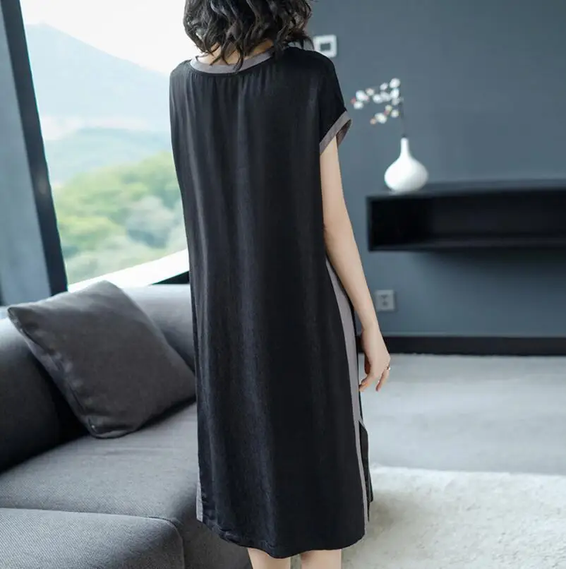 2018 Summer New Style Simple Fashion  Stripes Soft 100% Real Silk Straight Dress Female Casual Loose Short Sleeve Dress