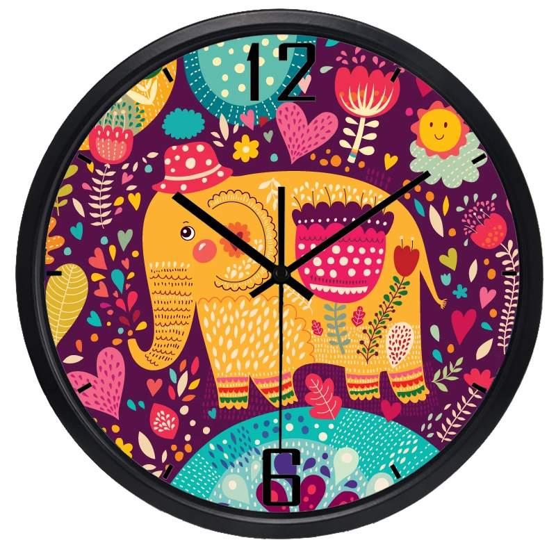 Cartoon Kid Room for Children Bedroom Wall Clock Cute Elephant Lovely Hang Watch, No Ticking