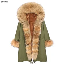 Пальто с натуральным мехом, зимняя куртка, Женская длинная парка, большой воротник из натурального меха енота, капюшон, подкладка из искусственного меха, длинное зеленое пальто, теплое корейское