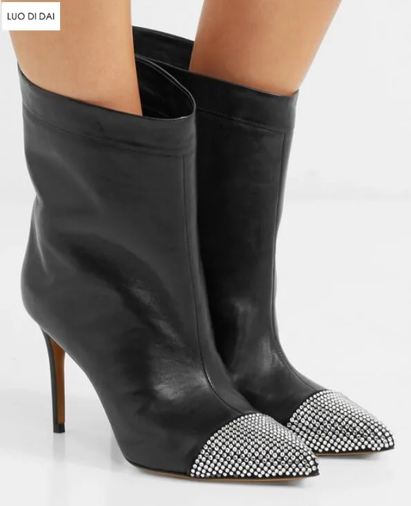 

2018 new arrival women black boots zip up women ankle booties thin heel rhinestone boots ladies point toe black boots party shoe