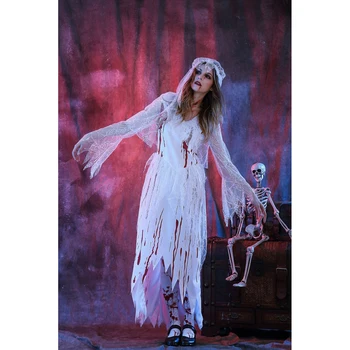 

Gothic Long Sleeve V-Neck Bloody Ghost Bride Costume with Veil for Halloween Stage Performance Cosplay Party