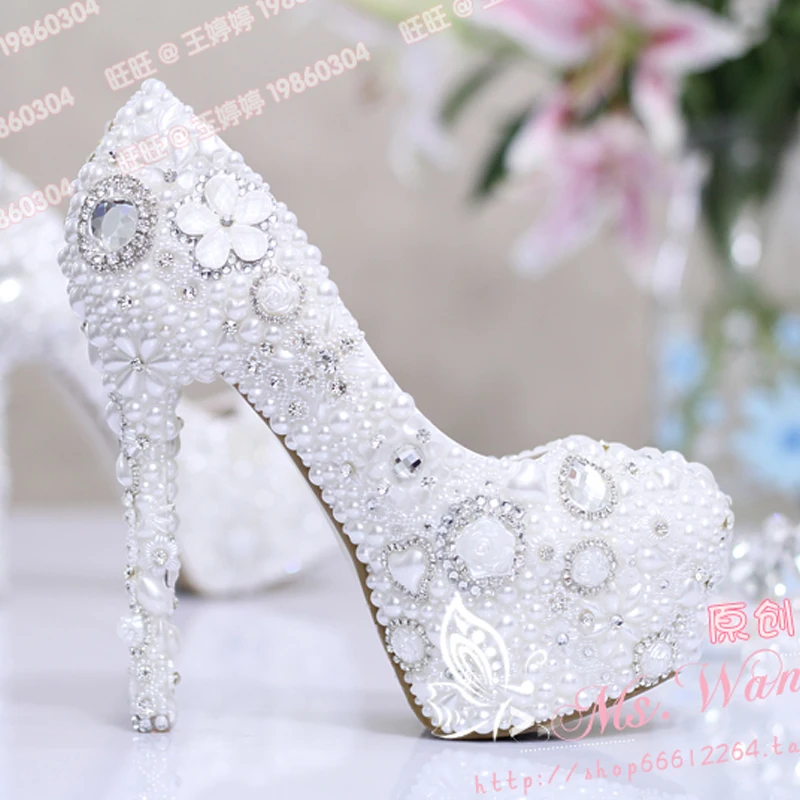 Bride pearl water drill flower white wedding shoes super heel waterproof platform wedding dress single shoe adult female shoes