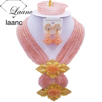 

Laanc Fashion Peach Jewelry Set African Beade Necklace Nigerian Beads Bridal Party Jewelry Sets 6CHLK024