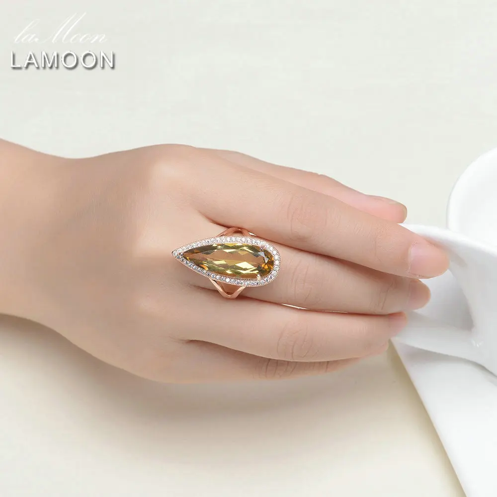 LAMOON 925 Sterling Silver Jewelry Rings Luxury Gemstone Natural Big TearDrop Citrine Cocktail Amber Ring ChALkeR Anel Feminino