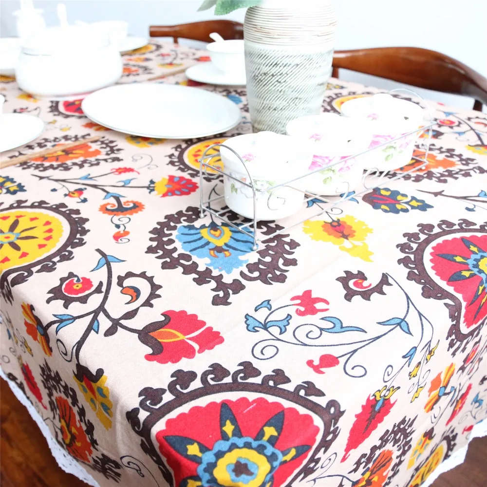  BeddingOutlet Bohemia Tablecloth Boho Sun Floral Table Cloth Lace Edge Linen And Cotton Table Cover