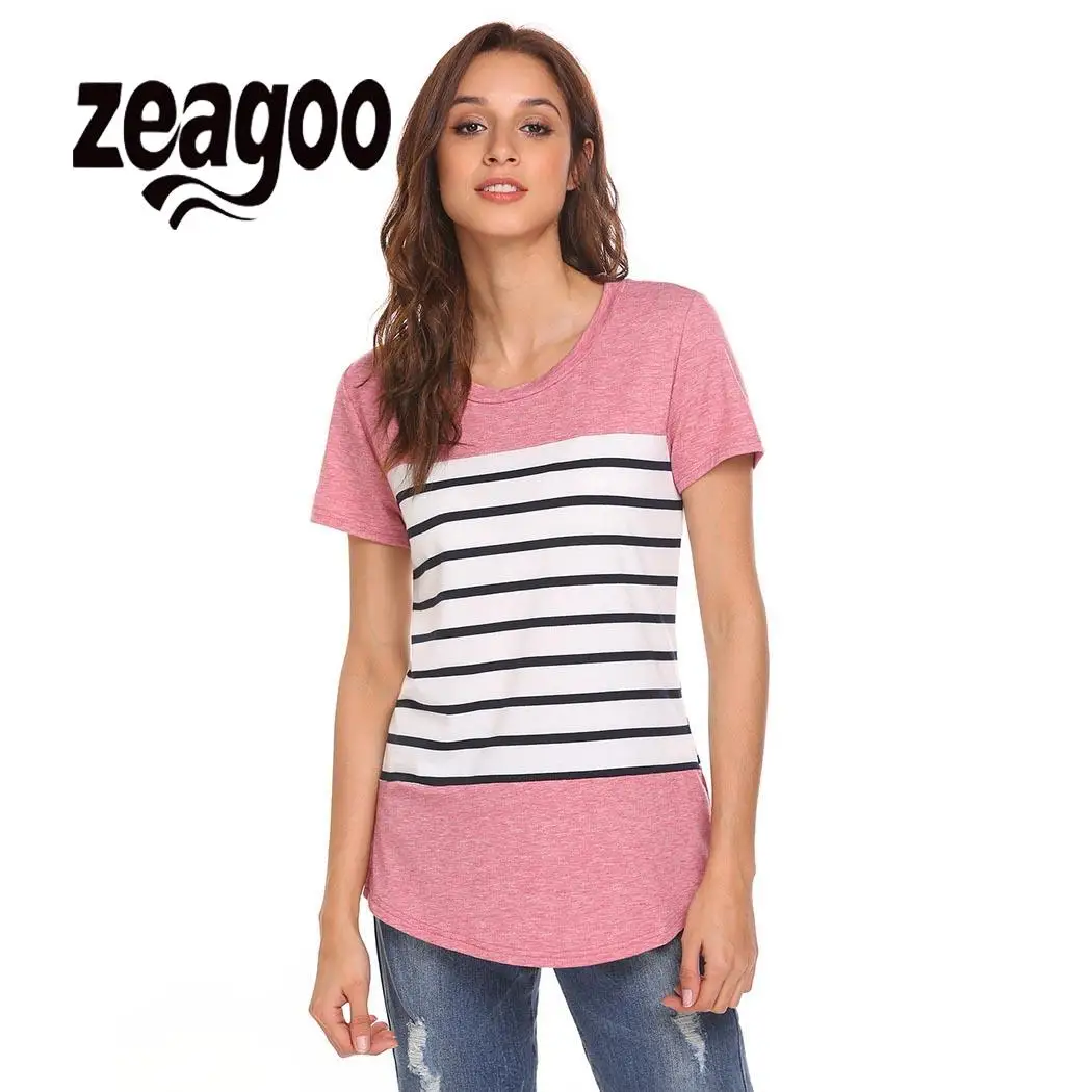 None Fit Casual O-Neck Short Sleeve Patchwork Striped Regular Women Sexy T-shirt