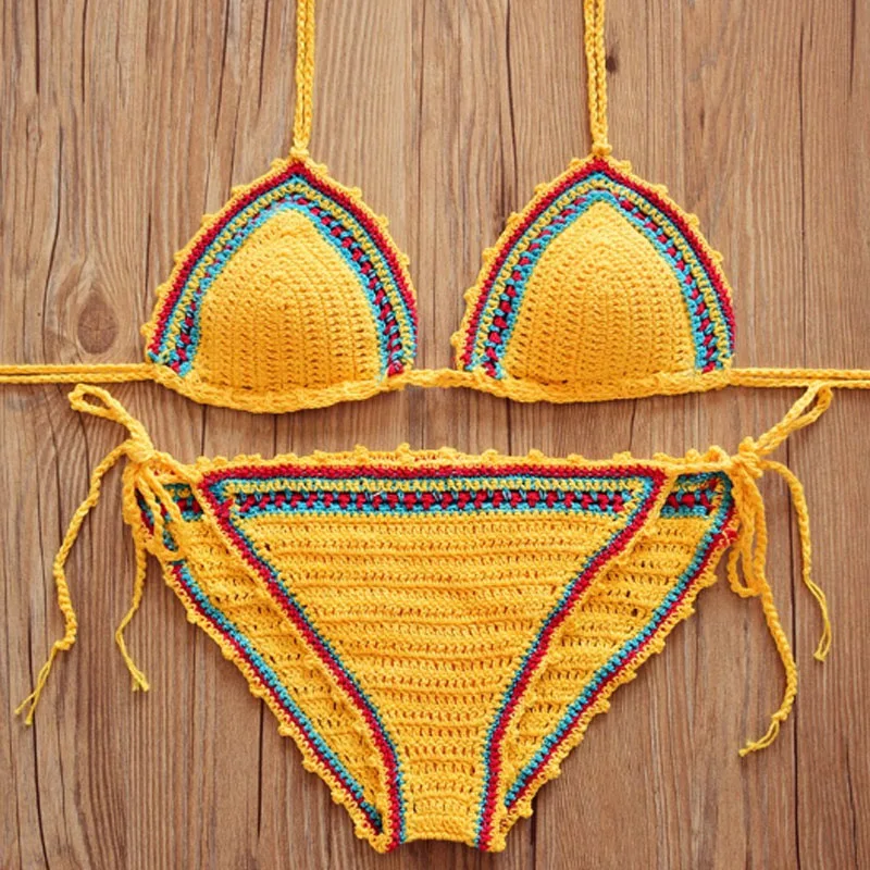 

Bikinis Women 2016 Newest Brazilian Vintage Swimsuit Set Sexy Handmade Crochet Bikini Knit Low Waist Biquini sexy bikinis set